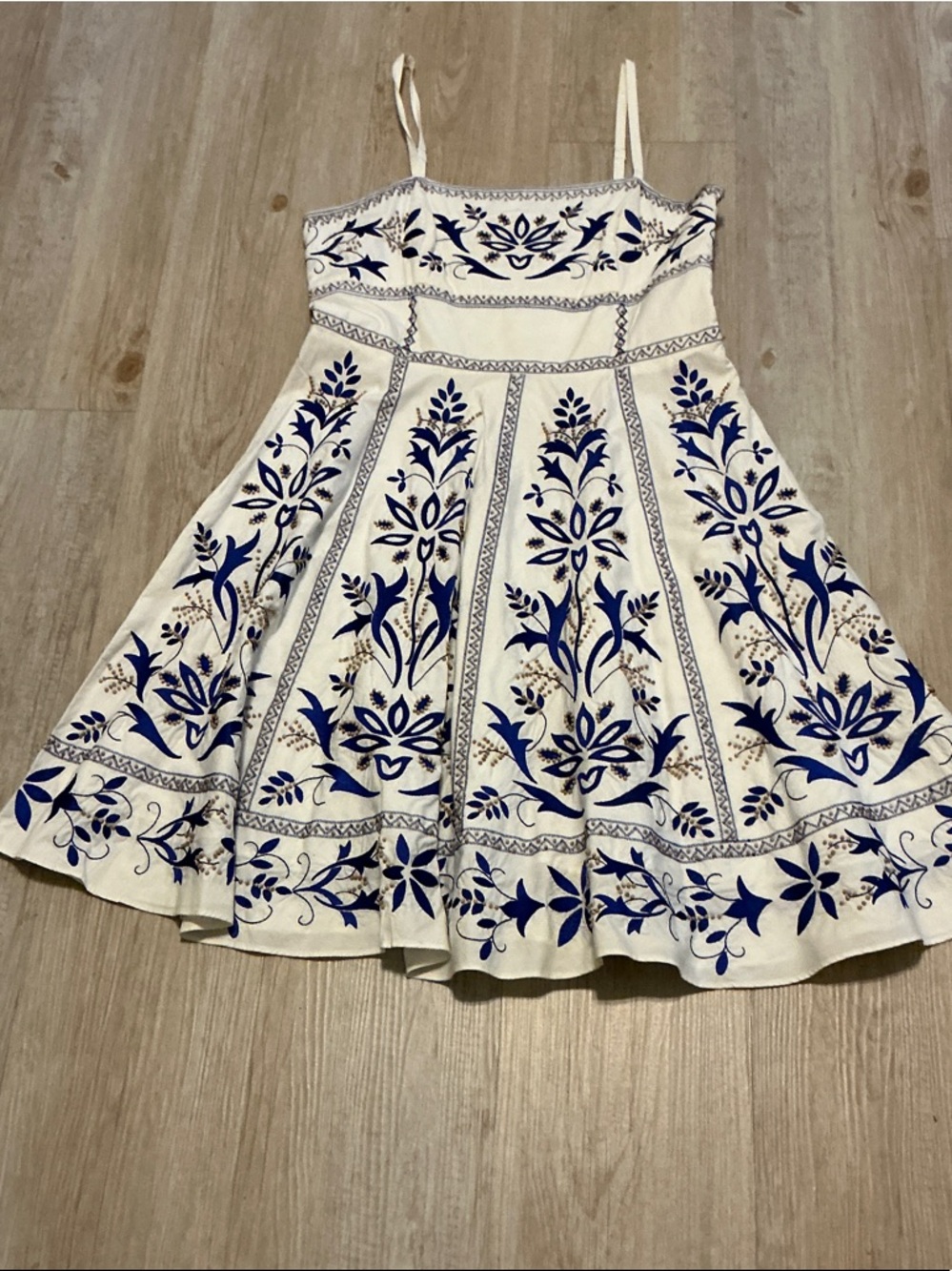 INC International Concepts White Strapless Dress with Blue Floral Embroidery